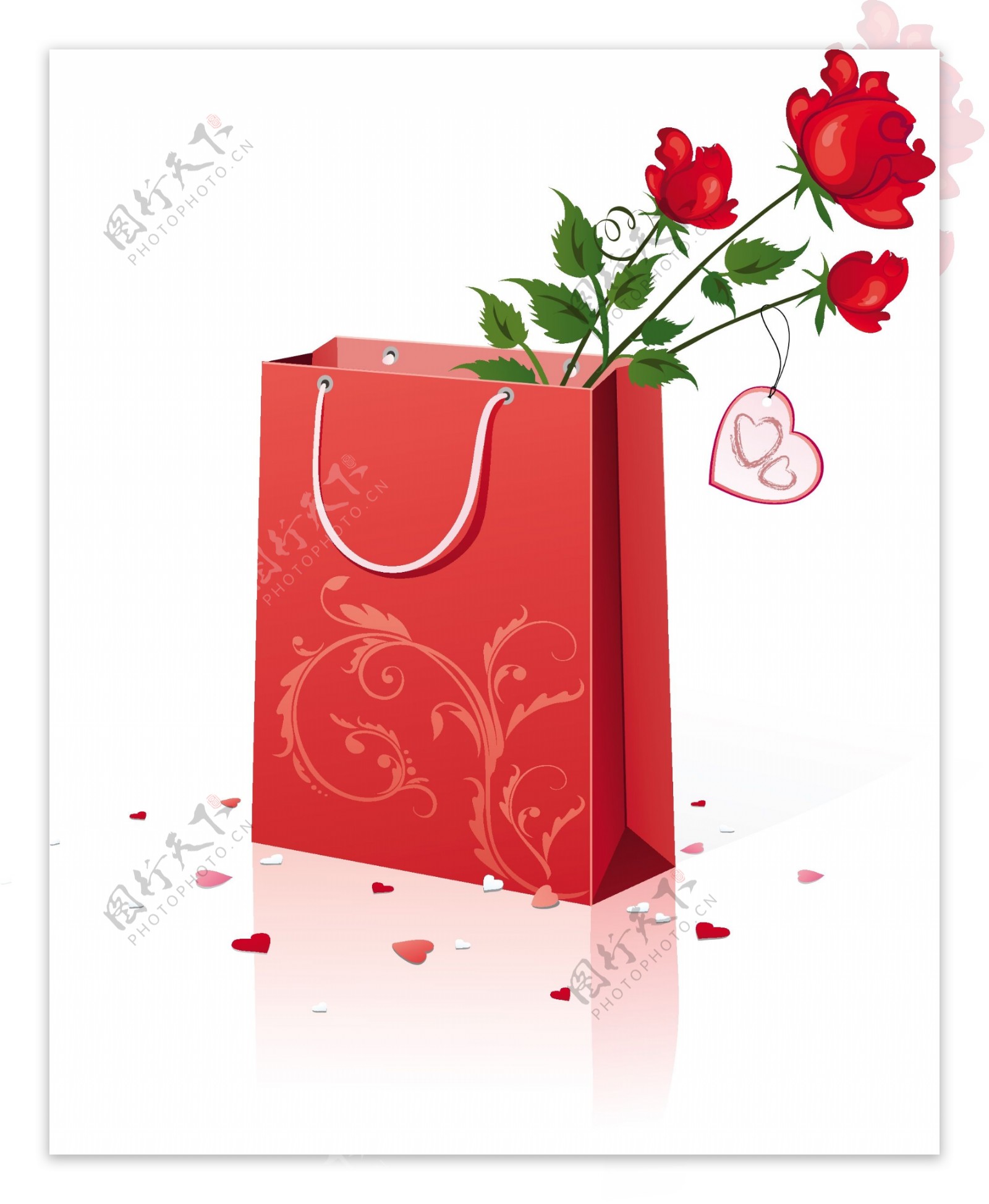红色玫瑰与礼品袋