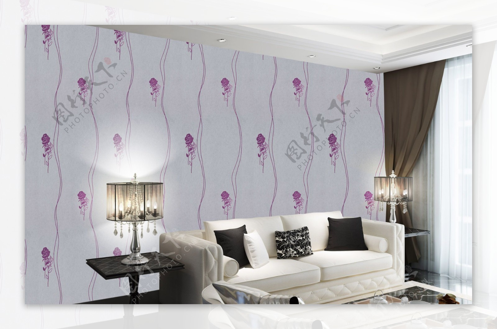 紫色花朵墙纸客厅沙发室内设计