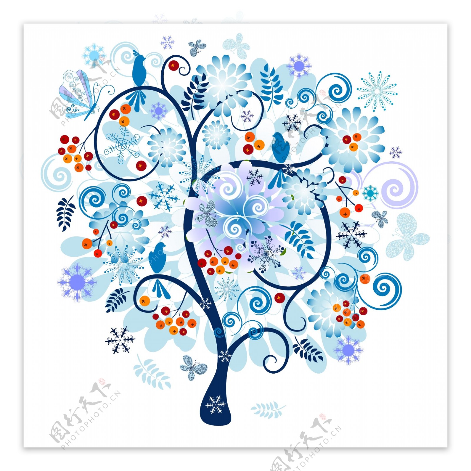 蓝色雪花树纹树木图片