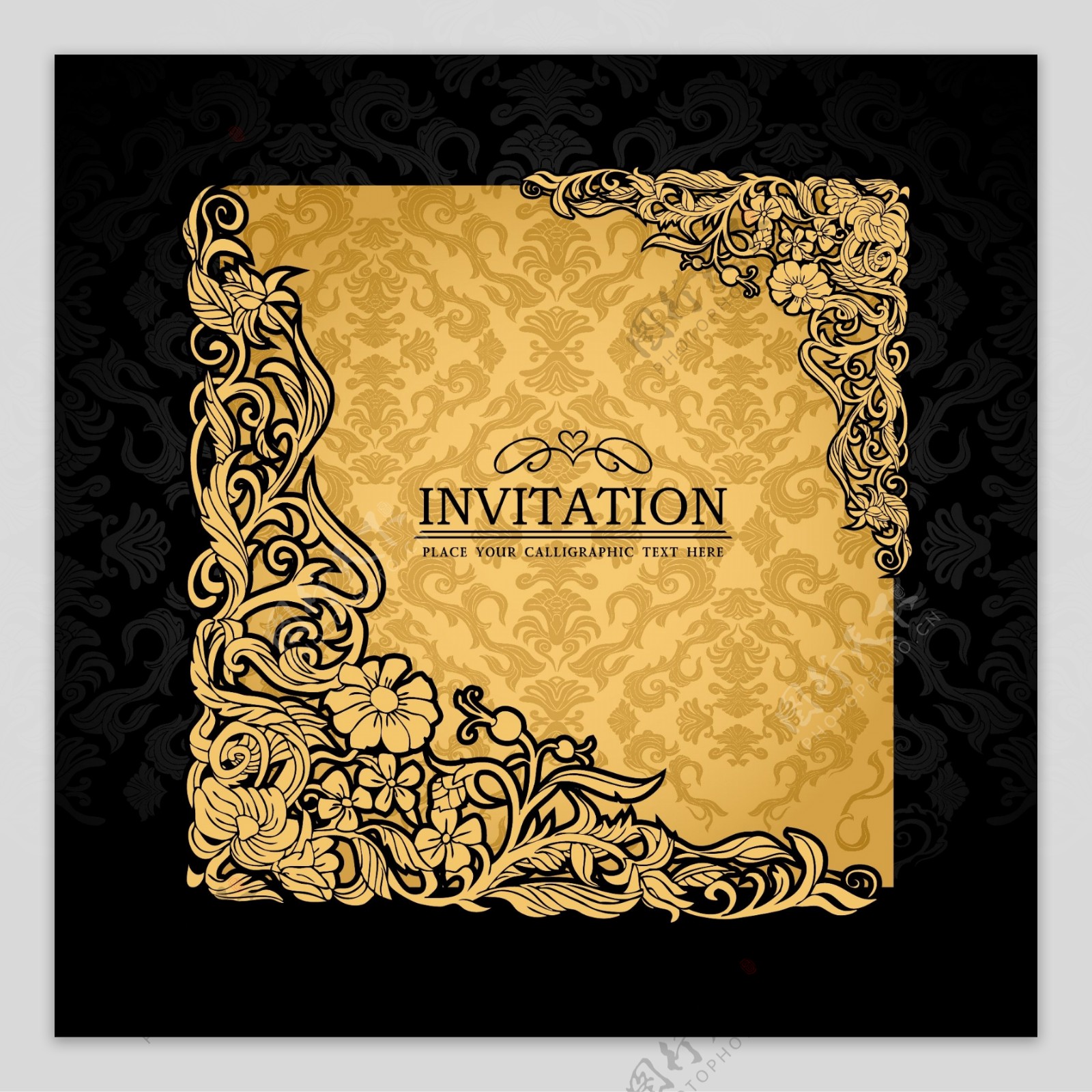 向量的邀请卡上有金色的花朵图案的材料