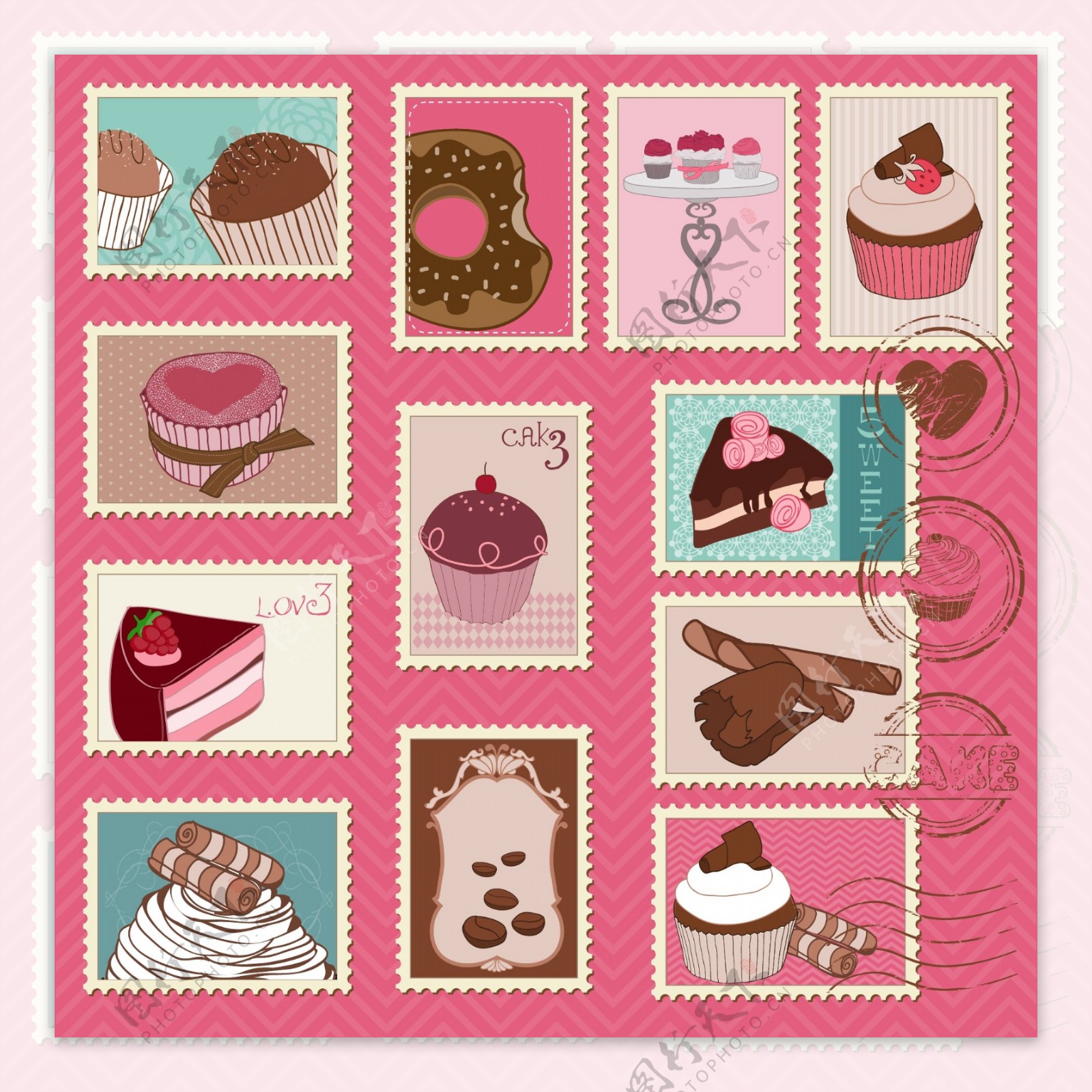 美味甜品糕点矢量收集的邮票