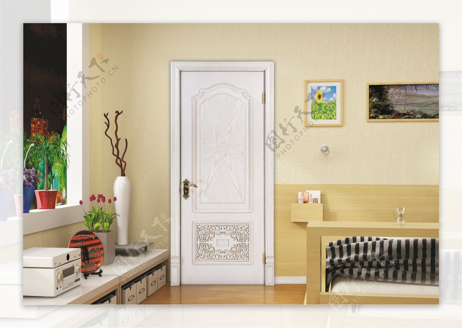 TATA木门 JO011A型号米白实木复合门 进口松木材质室内门