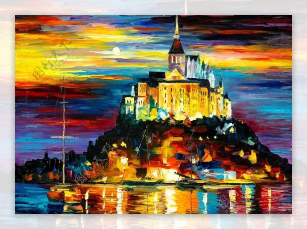 油画夕阳城堡图片