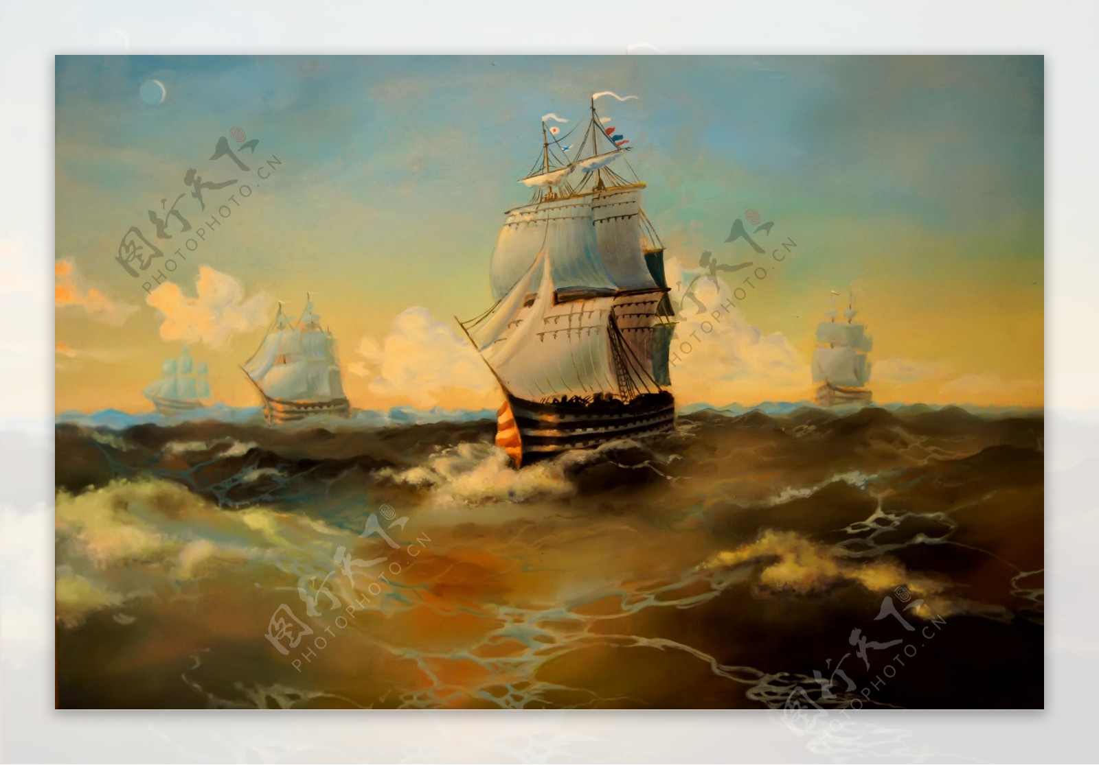 油画海上战船图片