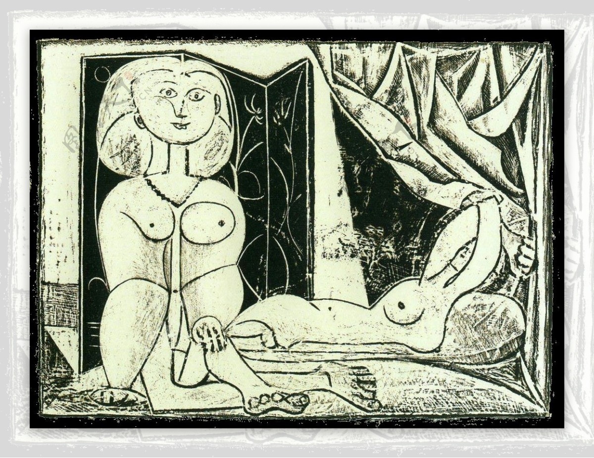 1946LesdeuxfemmesnuesXVI西班牙画家巴勃罗毕加索抽象油画人物人体油画装饰画