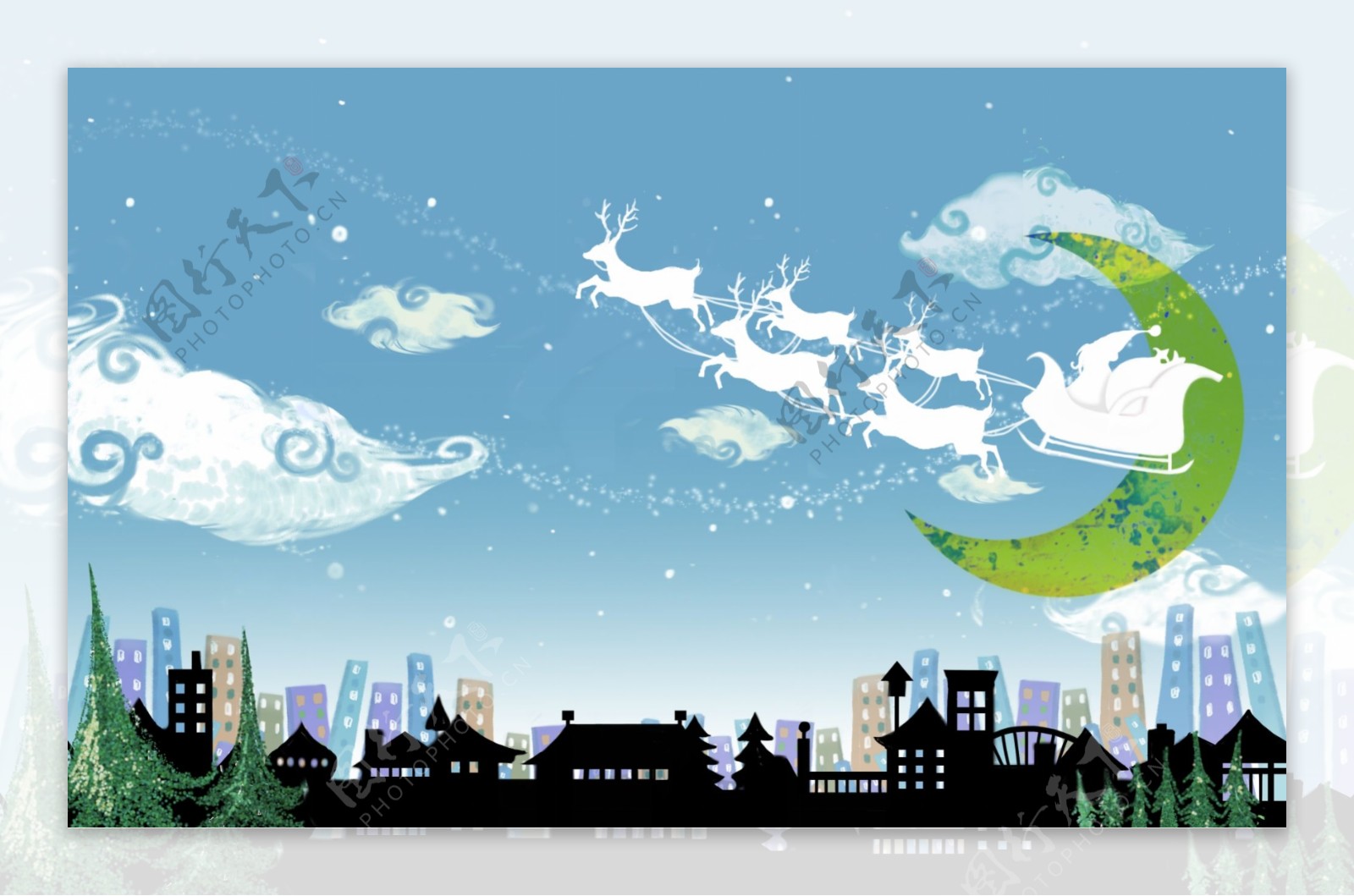 HanMaker韩国设计素材库卡通漫画圣诞老人可爱圣诞节礼物城市夜空