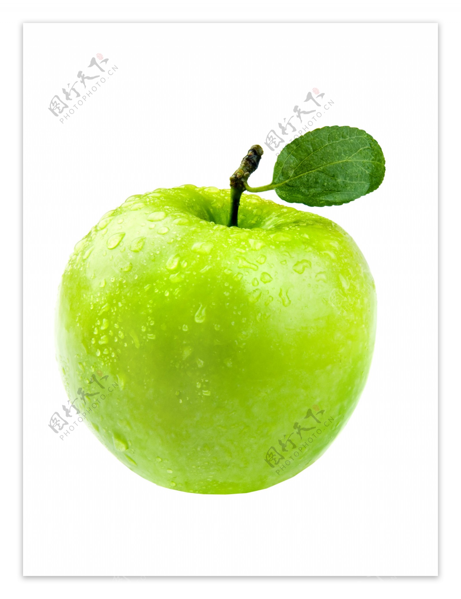 叶和水绿色苹果滴纯白色隔离