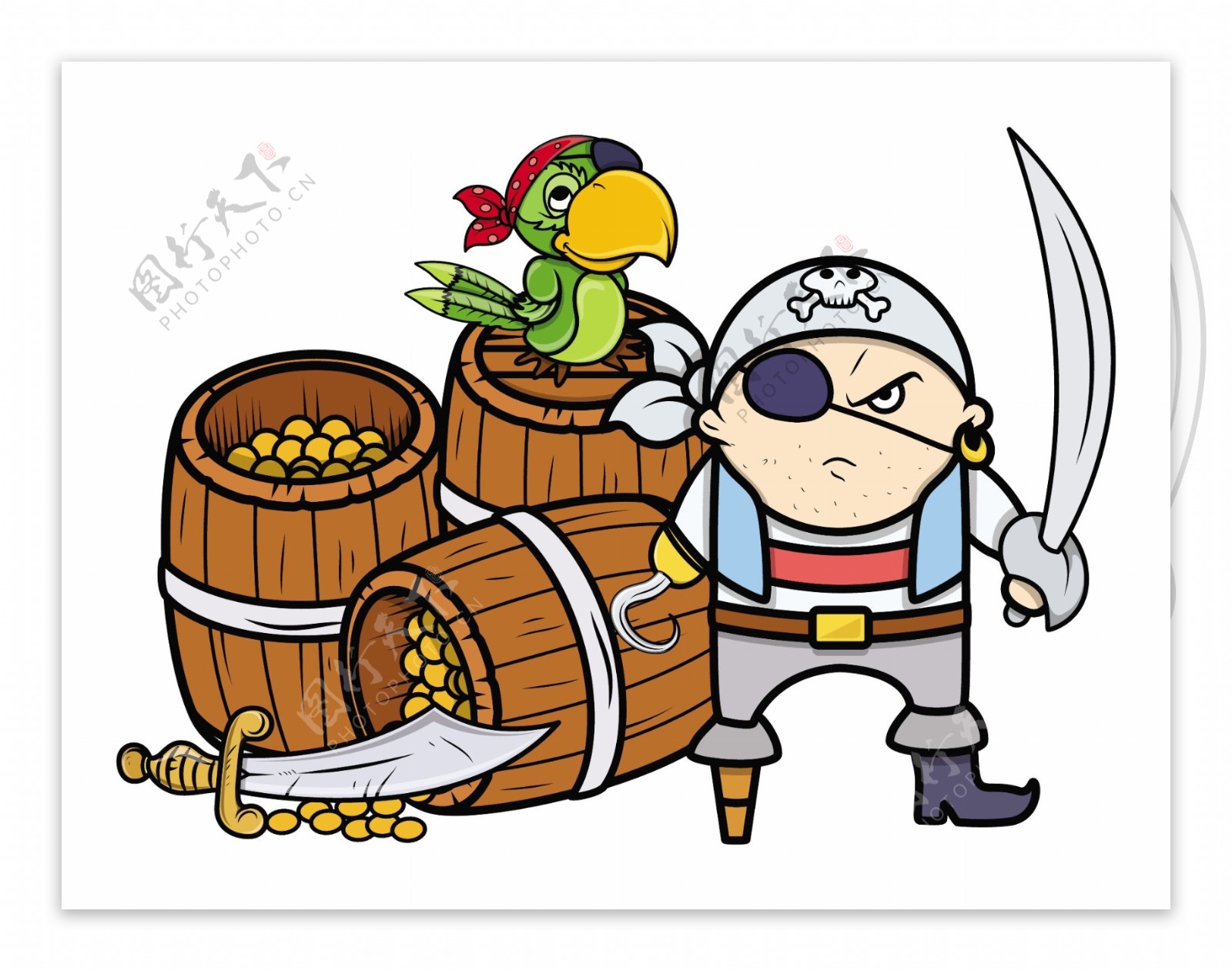 海盗船长和珍惜和鹦鹉的卡通插画矢量