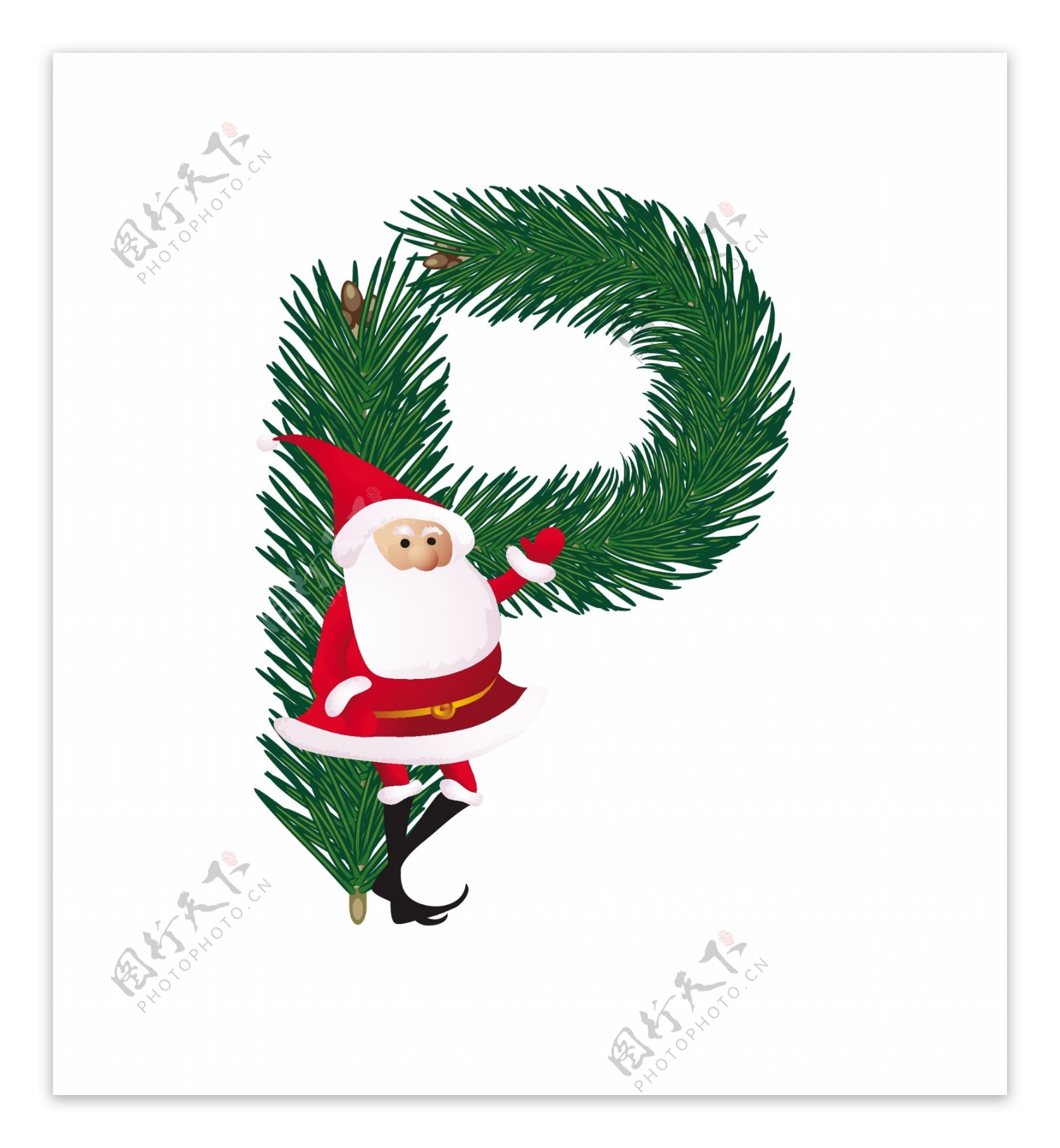 圣诞装饰杉树的ABC字母P向量与有趣的圣诞老人