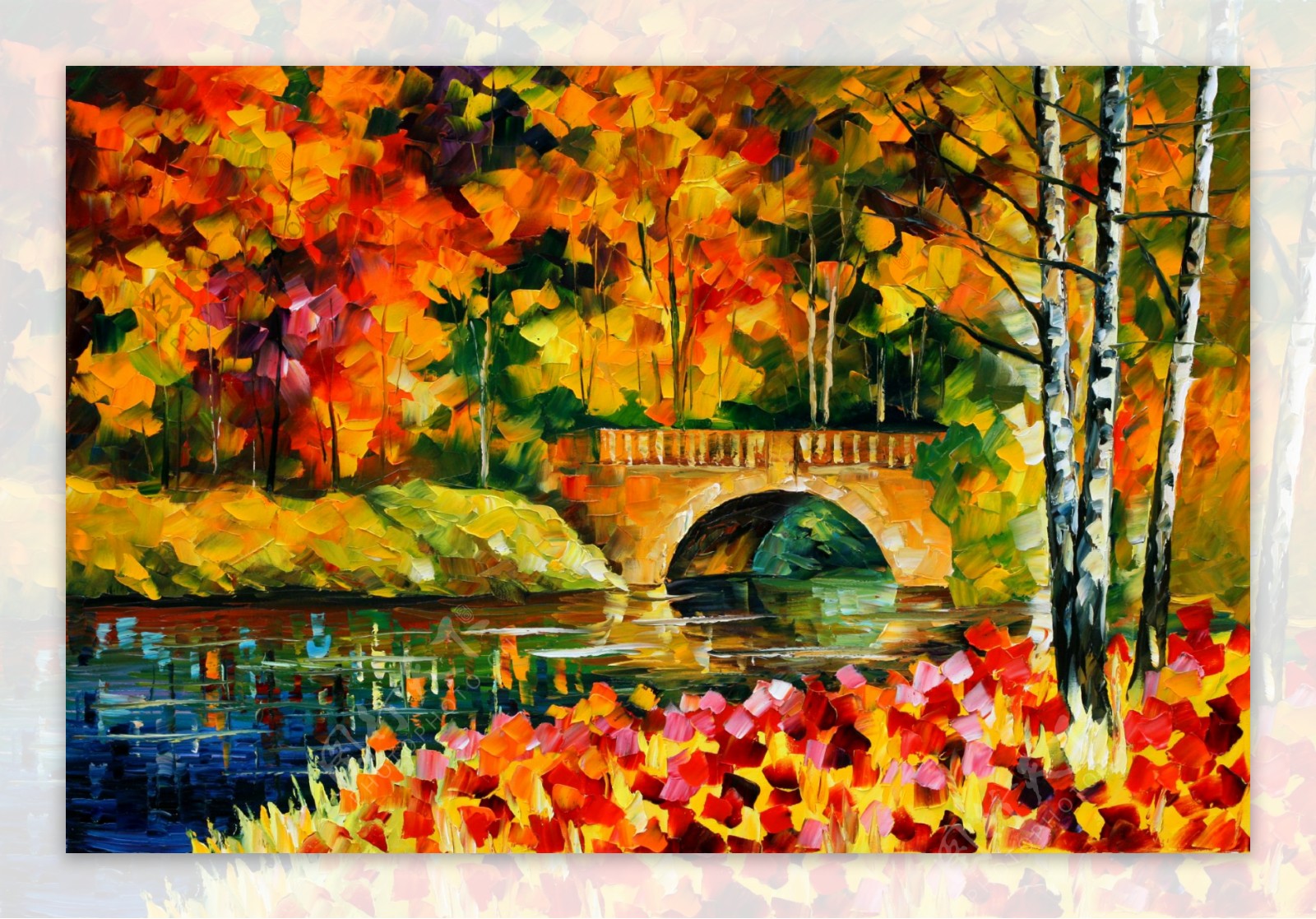 油画秋天的桥图片