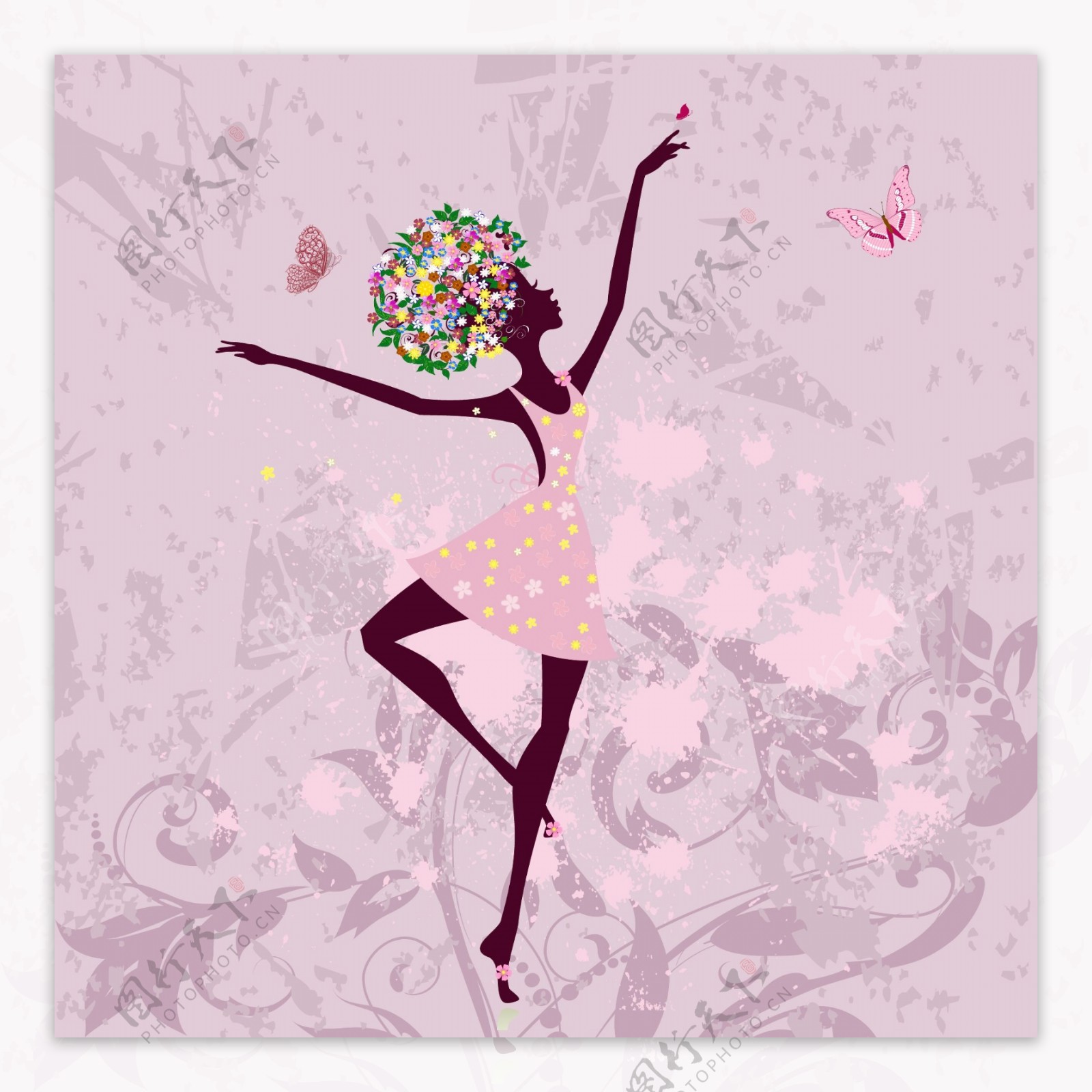 浪漫蝴蝶舞蹈的花纹美女图片