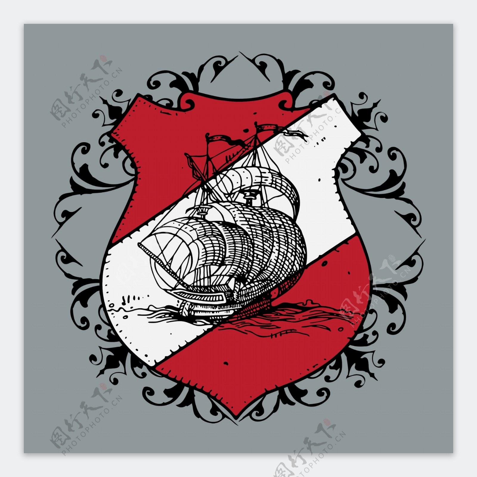 印花矢量图T恤图案徽章标记交通工具帆船免费素材
