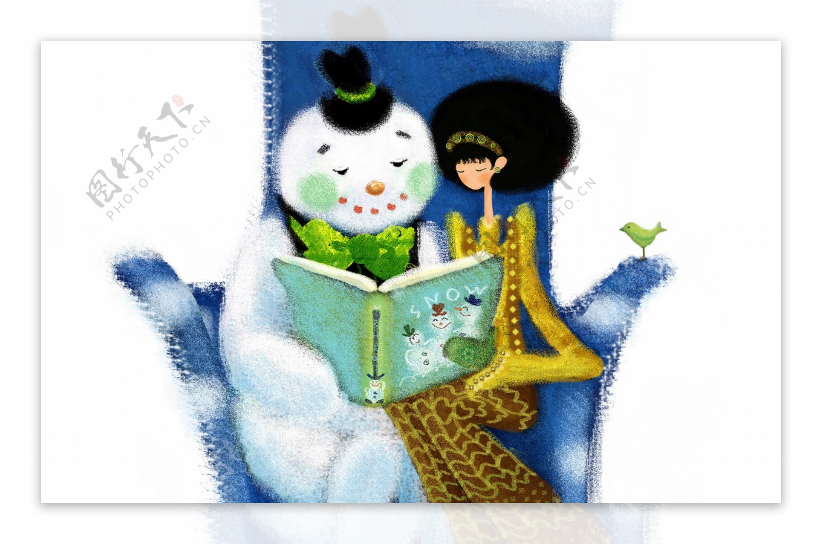 和雪人一起看书的女孩