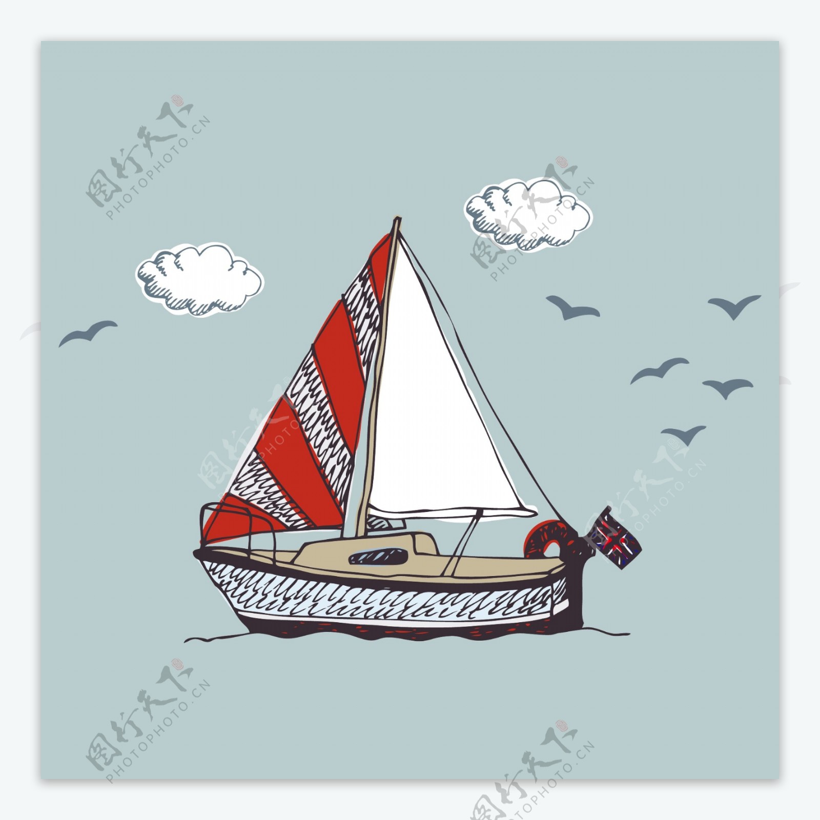 印花矢量图T恤图案交通工具帆船航海免费素材