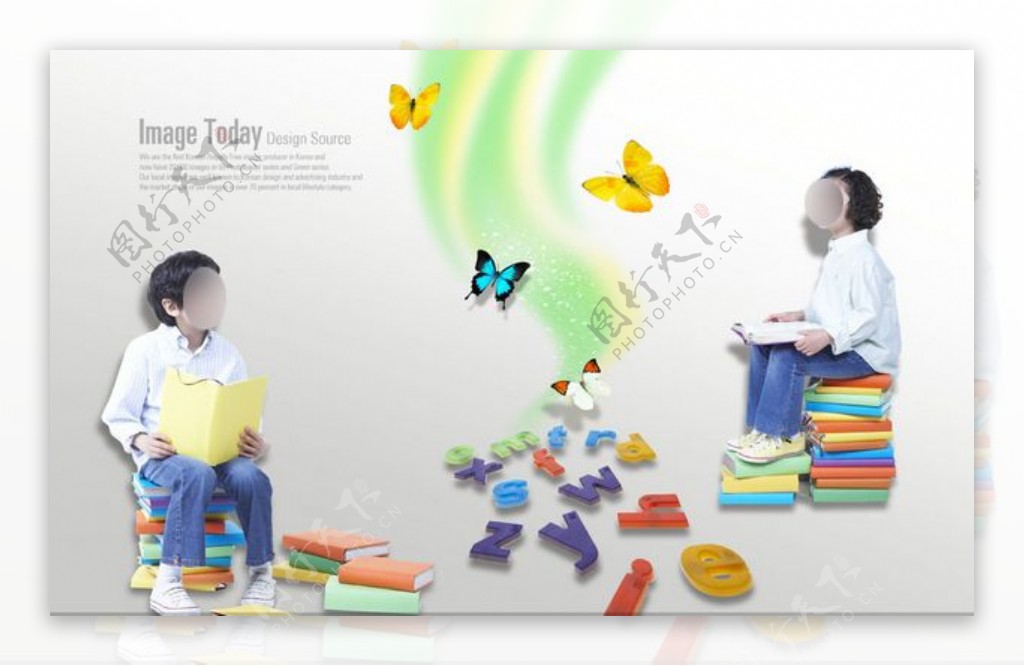 坐在书堆上的小孩与蝴蝶字母PSD分层素材