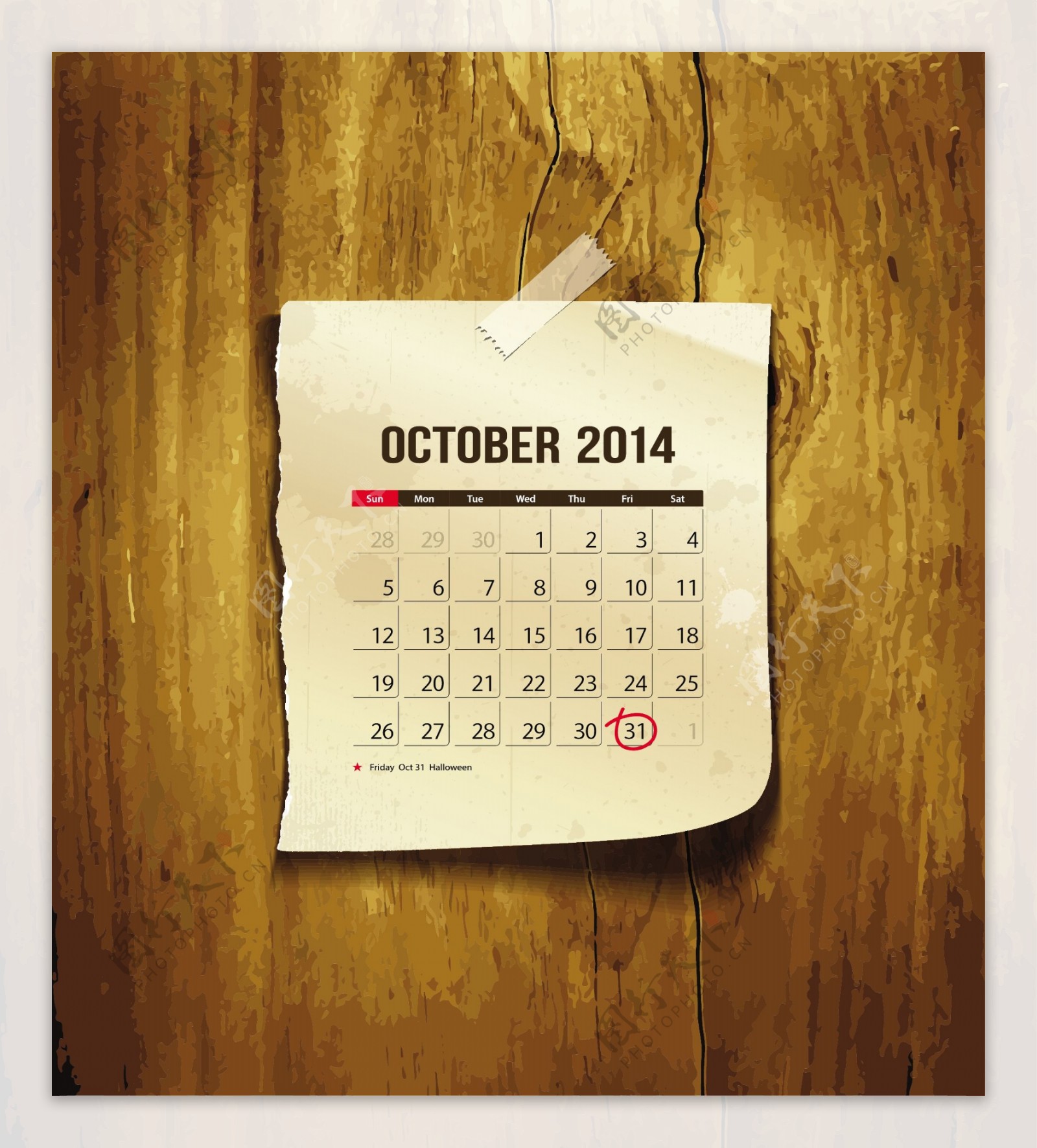 创意2014年10月贴纸年历矢量素材
