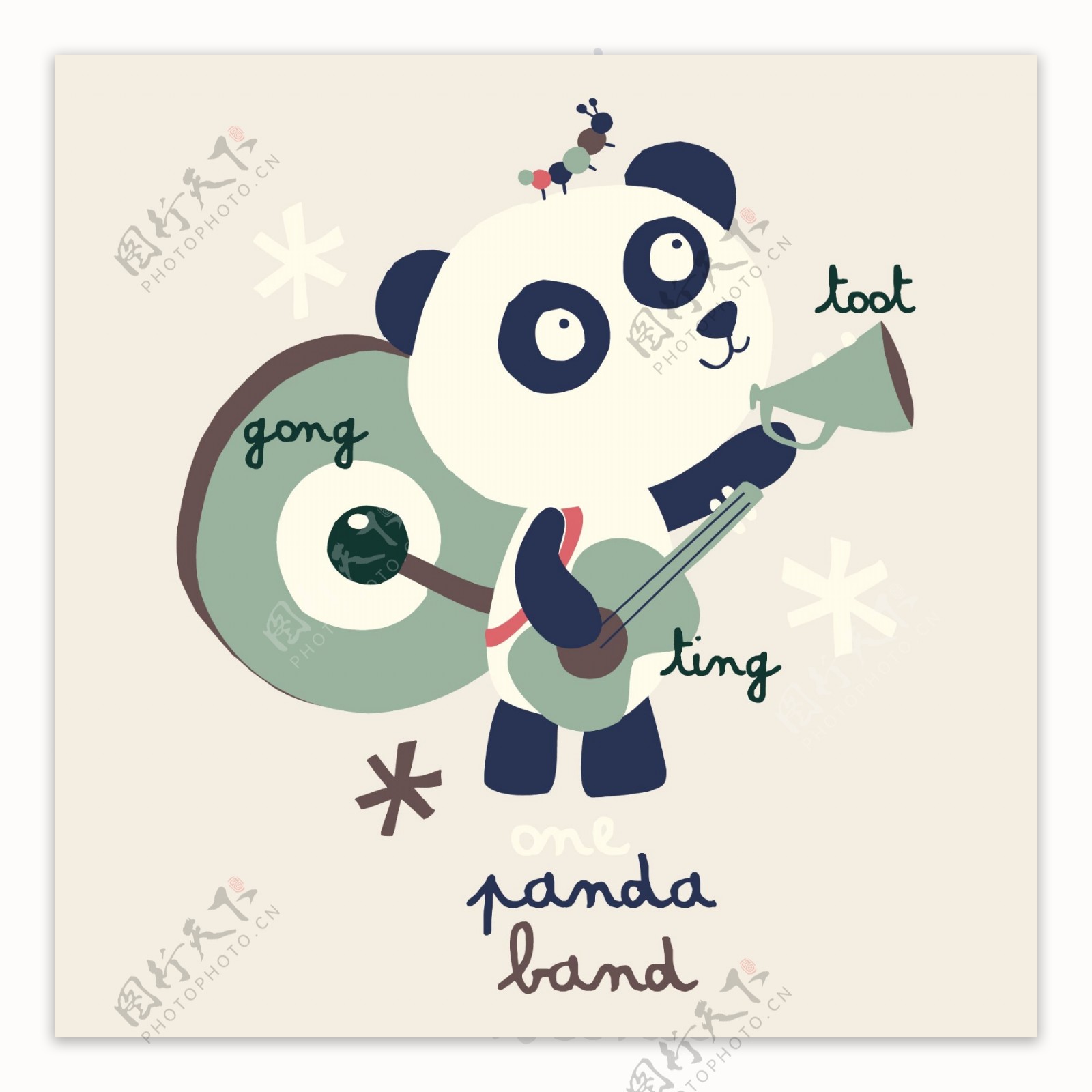 印花矢量图可爱卡通卡通动物熊猫吉他免费素材