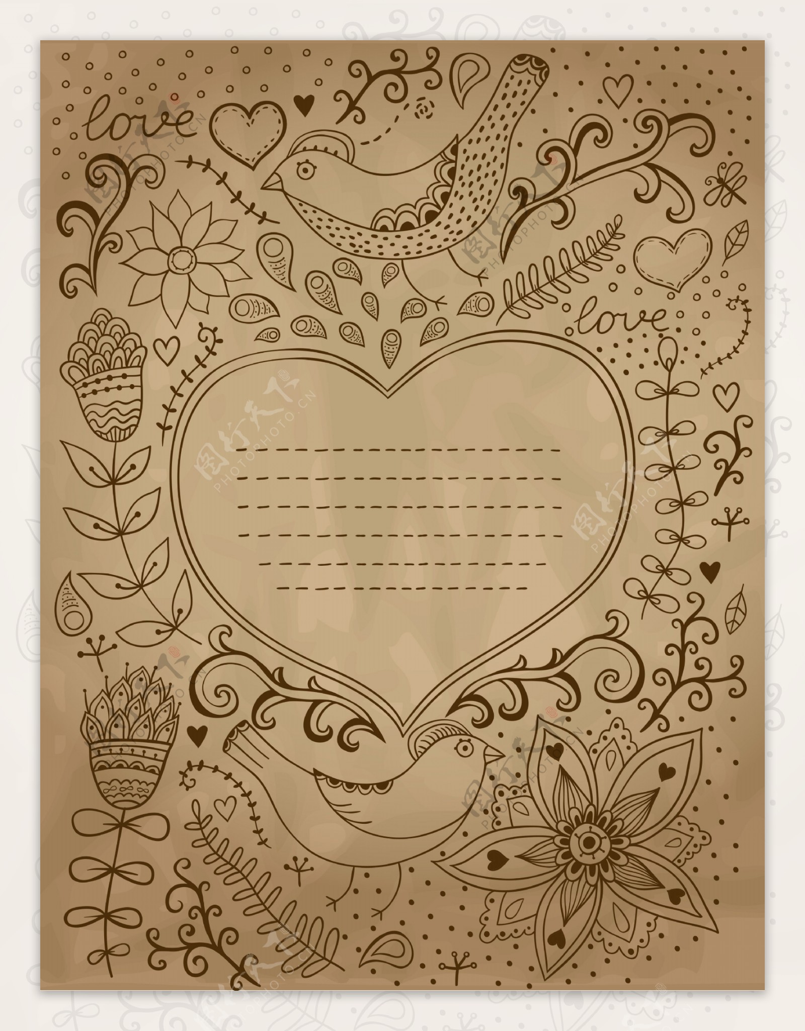 旧货复古背景与花饰和心脏中你可以设计卡