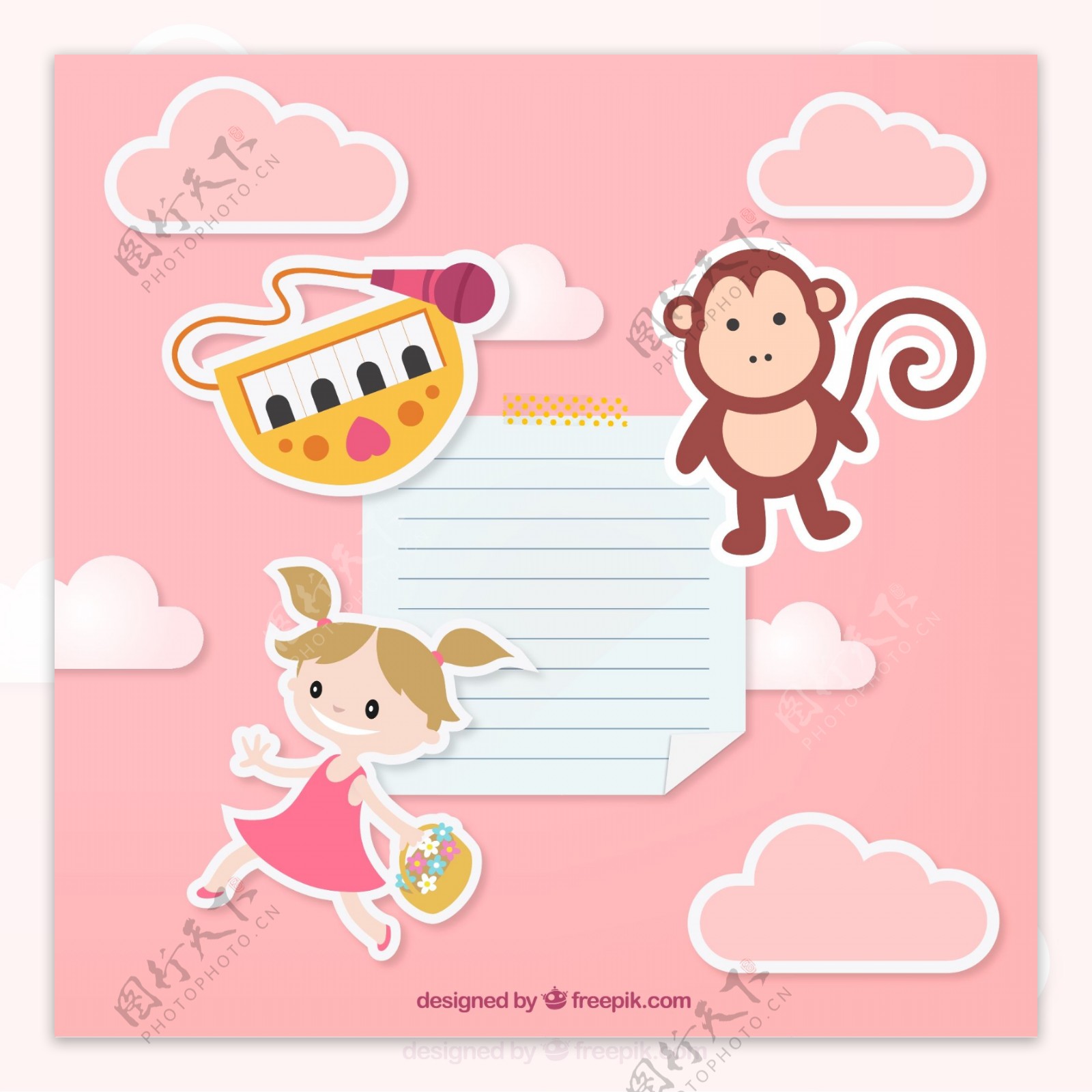 卡通女孩粉色云朵剪纸猴子图片
