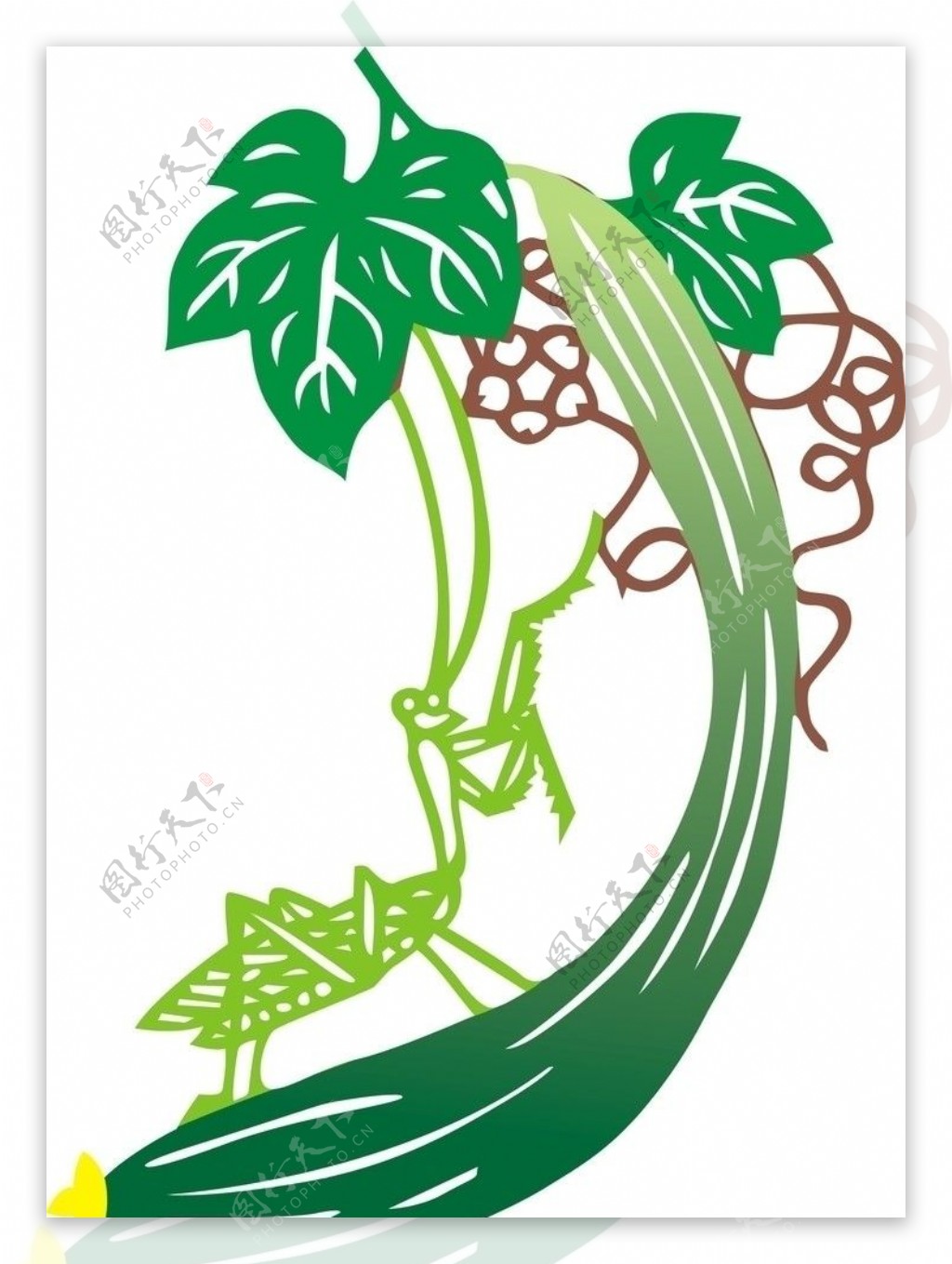 水墨絲瓜 兩根綠色絲瓜 開花的絲瓜 綠葉裝飾, 水墨兩根絲瓜插畫, 水墨絲瓜, 開花的絲瓜素材圖案，PSD和PNG圖片免費下載