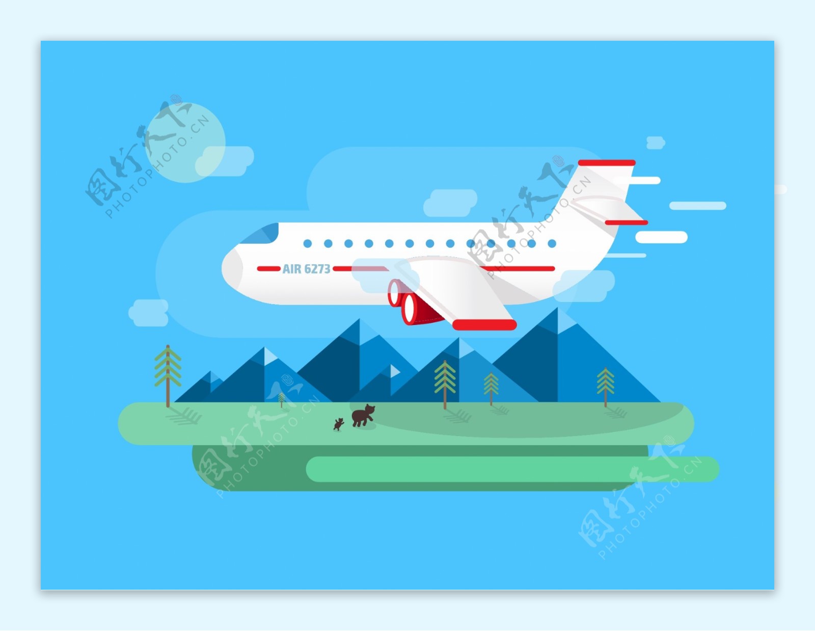 飞机与山脉草地扁平化矢量设计图片