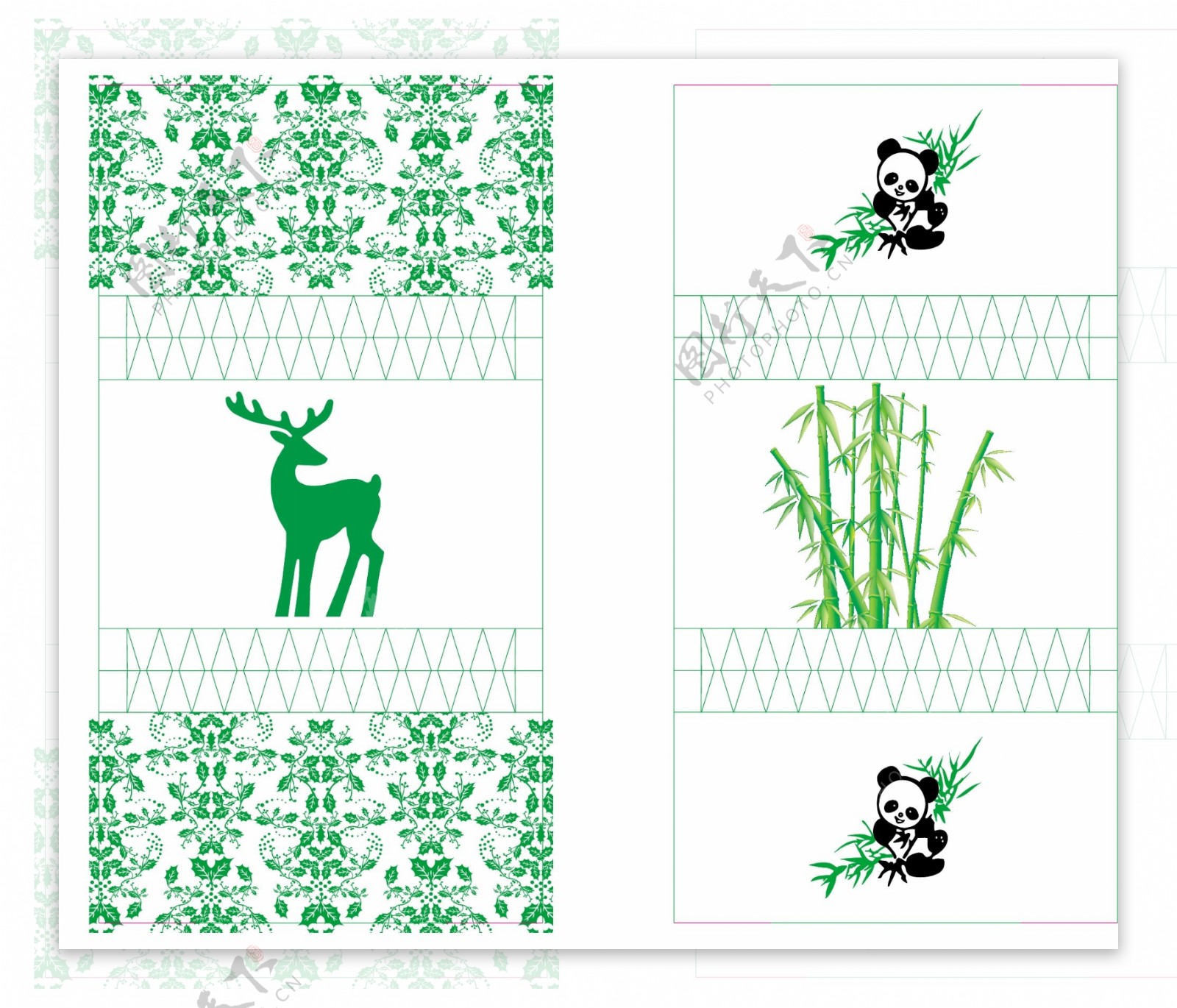 熊猫竹子鹿底纹贺卡图片