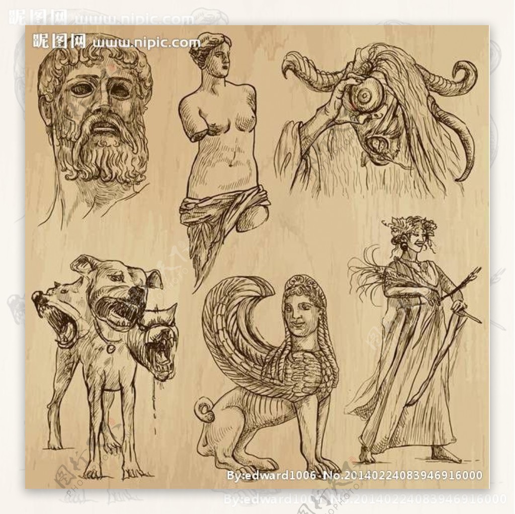 古代雕塑手绘设计图片