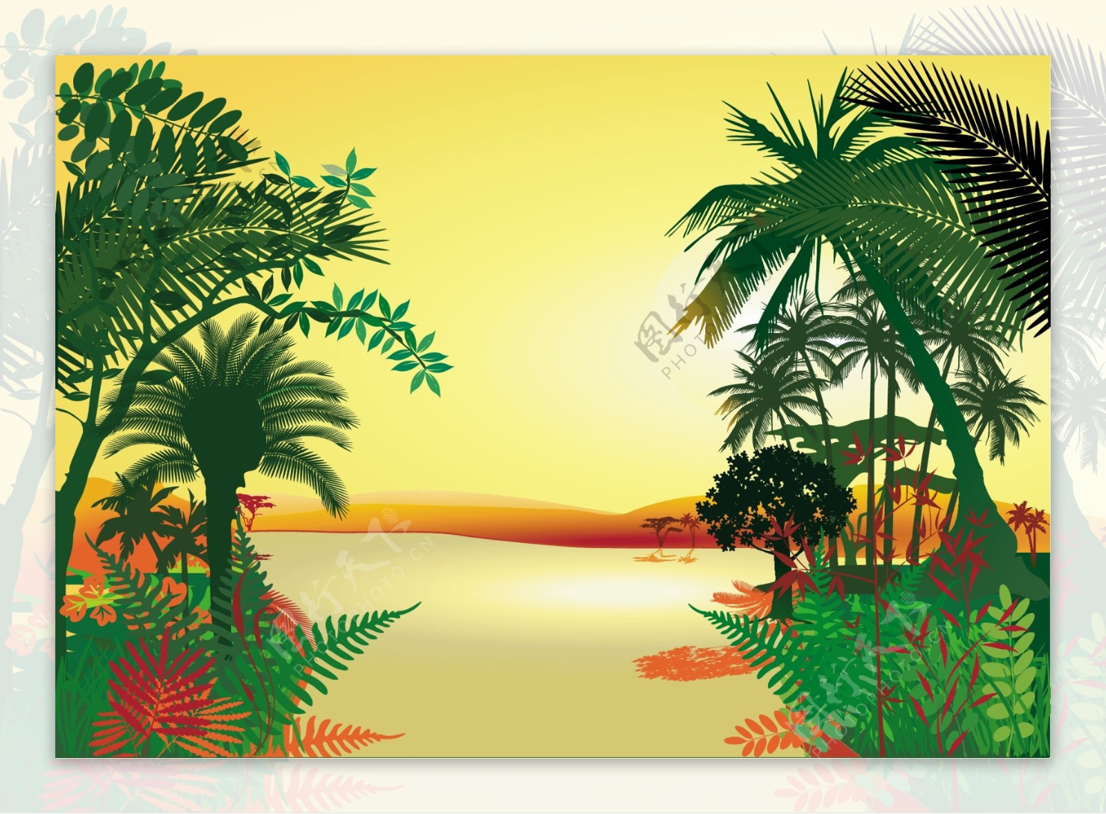 热带植物夕阳风景矢量图图片