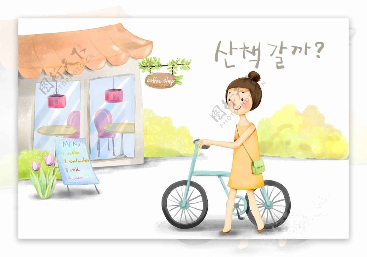 韩国手绘风清新少女推单车图片