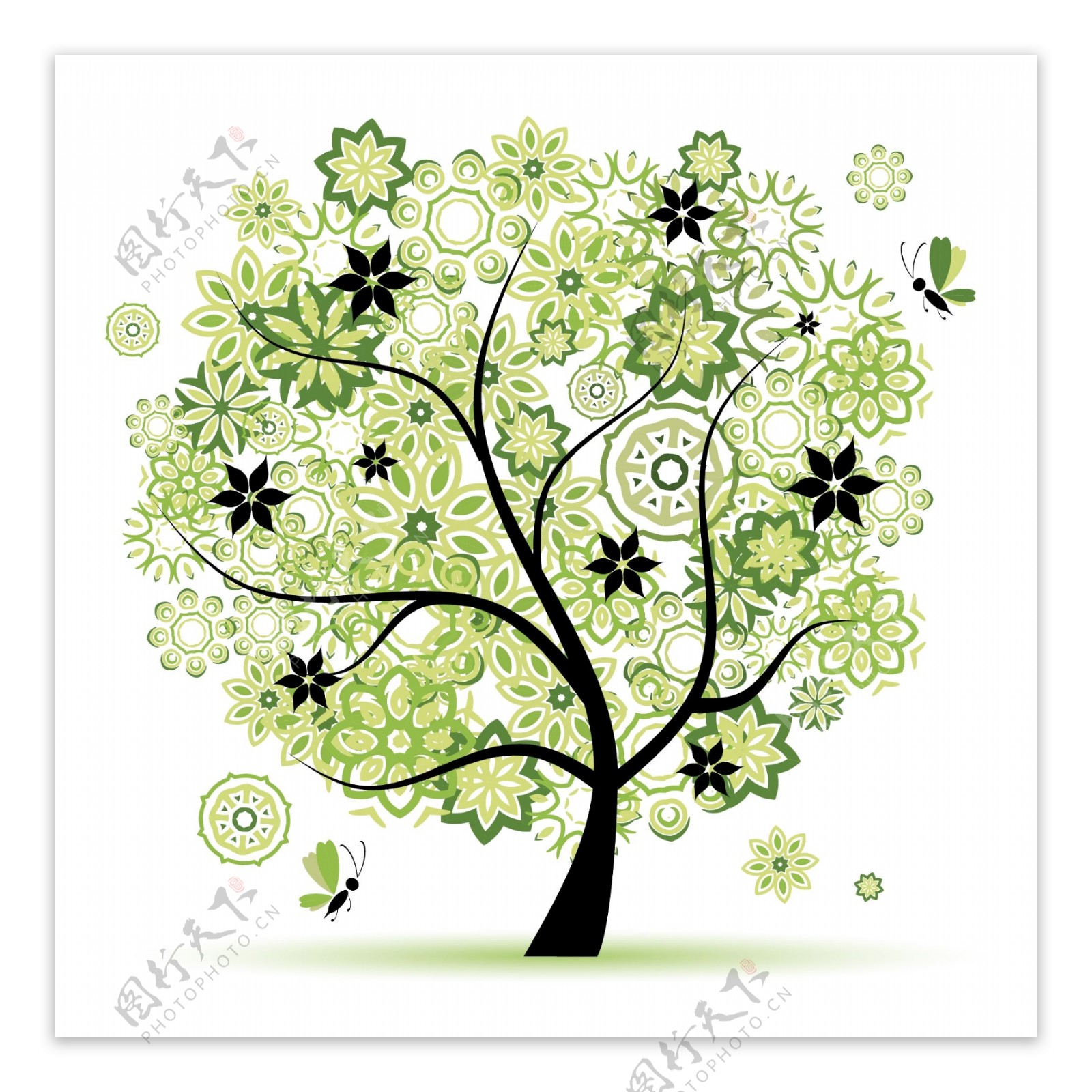 绿色梦幻花纹树木蝴蝶图片