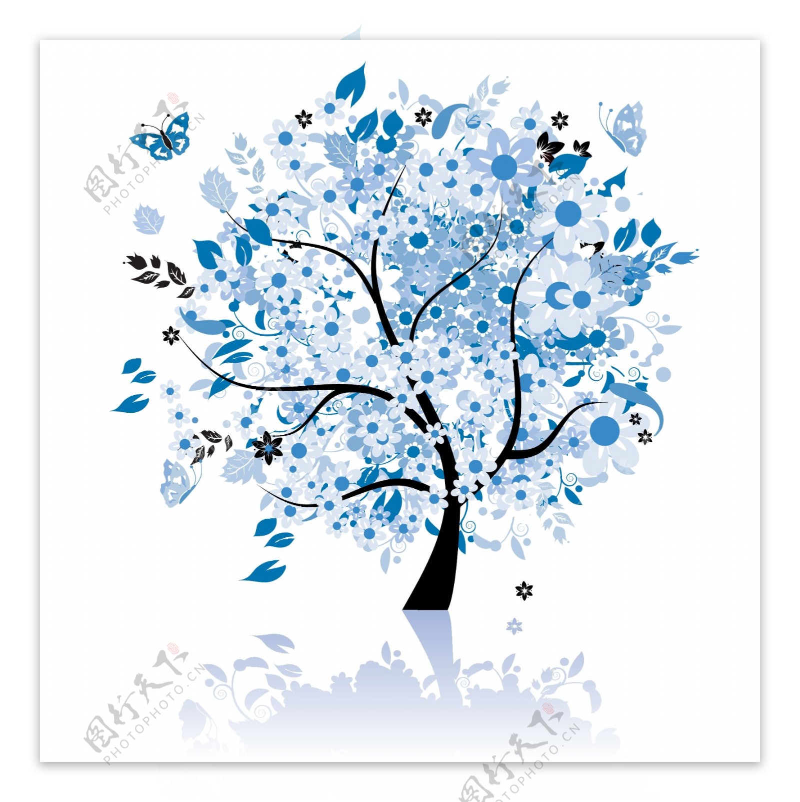 蓝色梦幻花纹树木蝴蝶图片