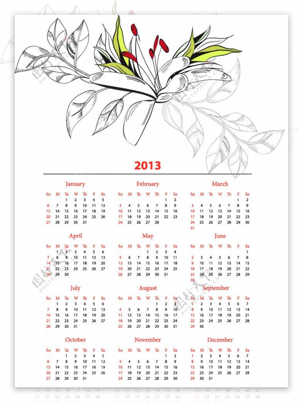 梦幻花纹花朵2013日历图片