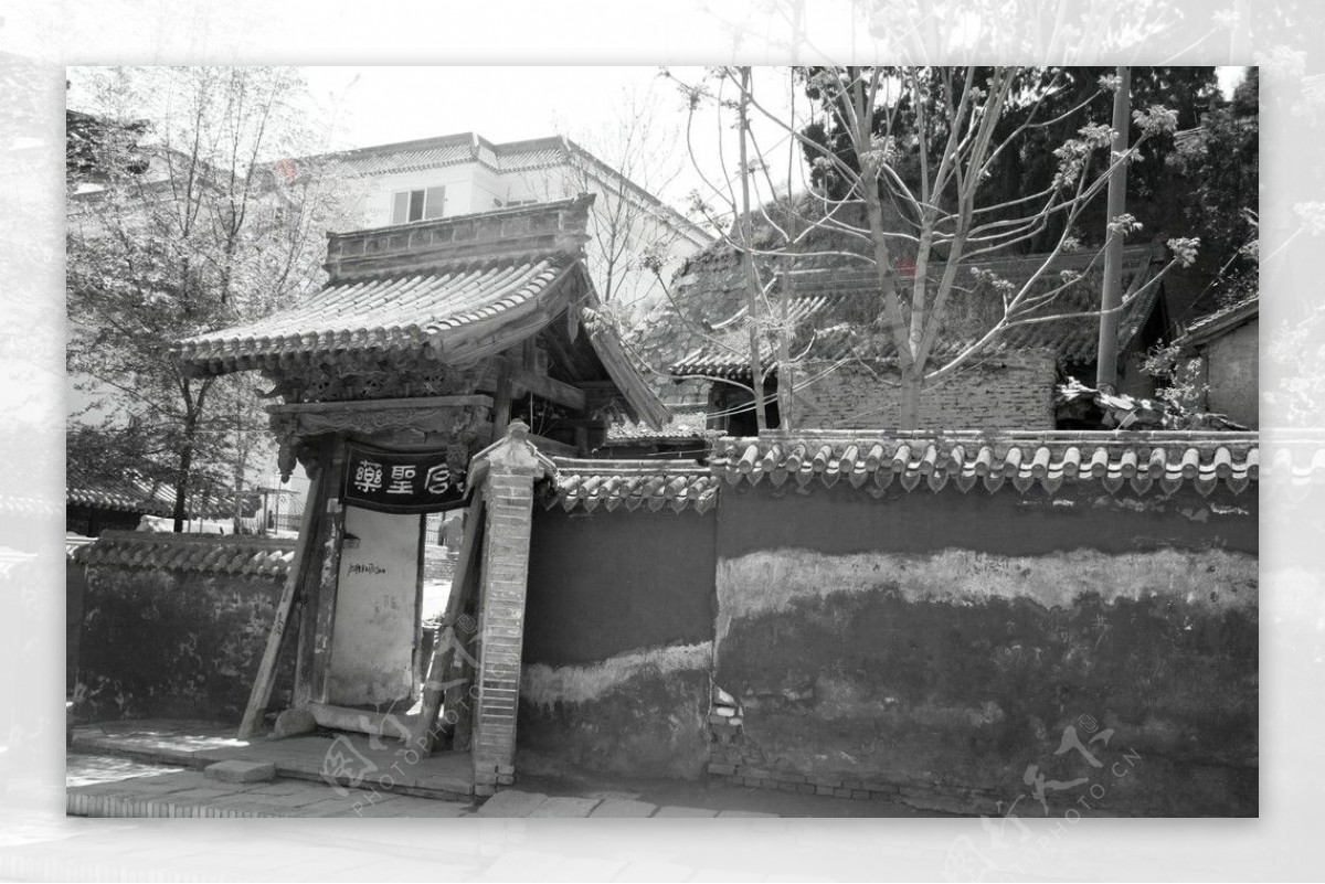 黑白寺庙图片