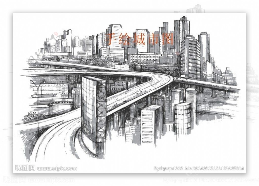 手绘城市建筑铅笔画图片