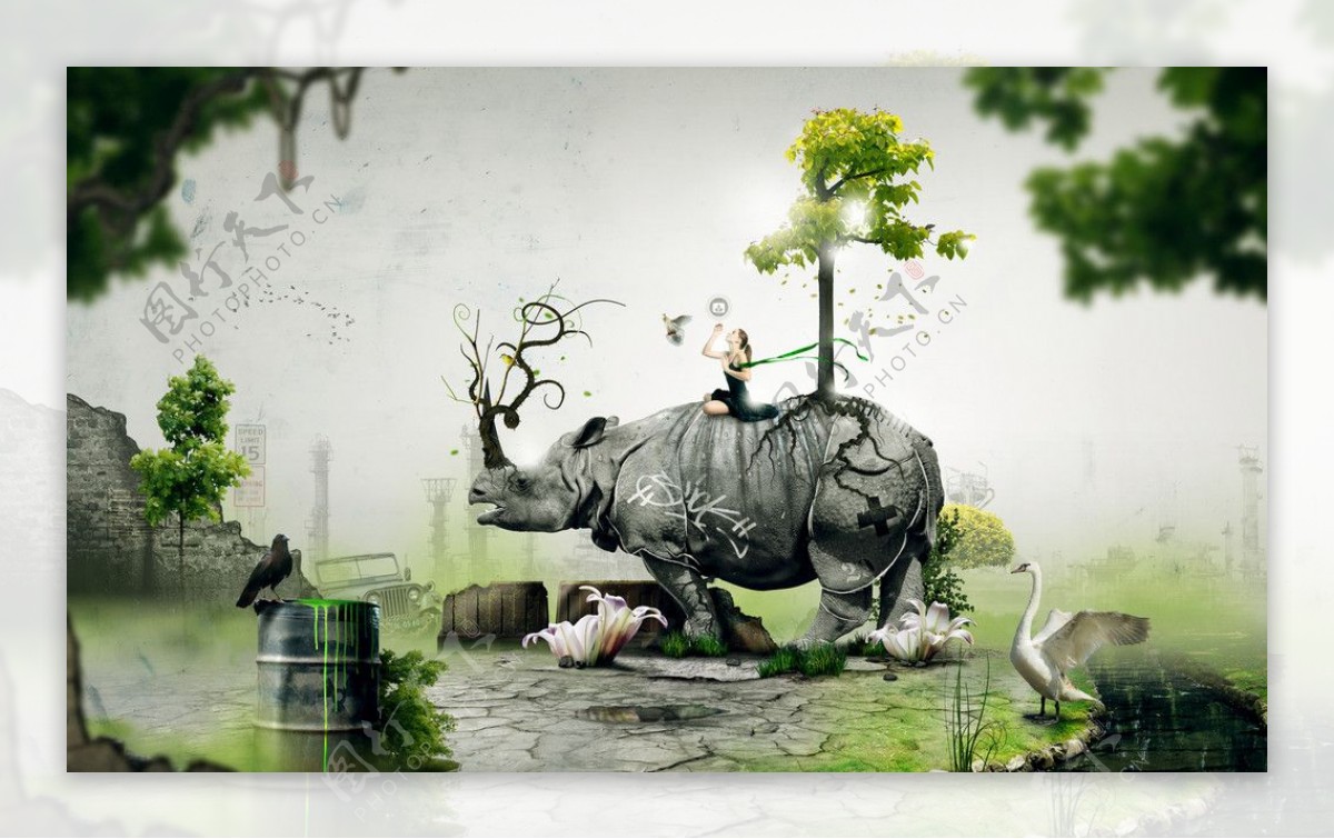 幻想风格手绘犀牛自然壁纸图片
