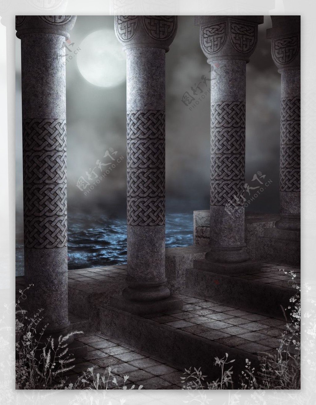 月夜风景柱子图片