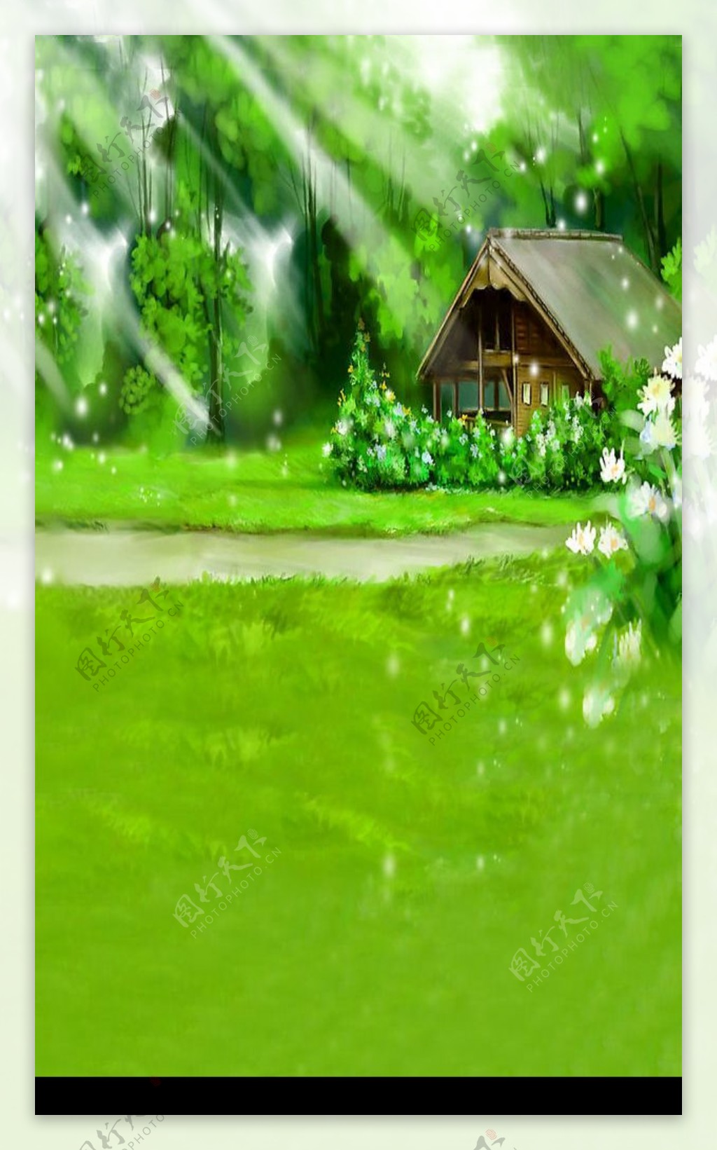 森林里的绿色小木屋图片