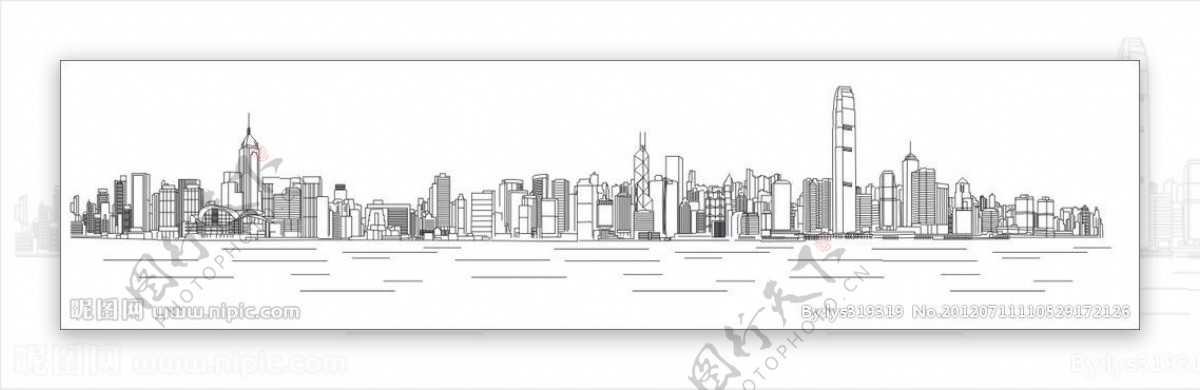 城市建筑线描香港维多利亚港图片