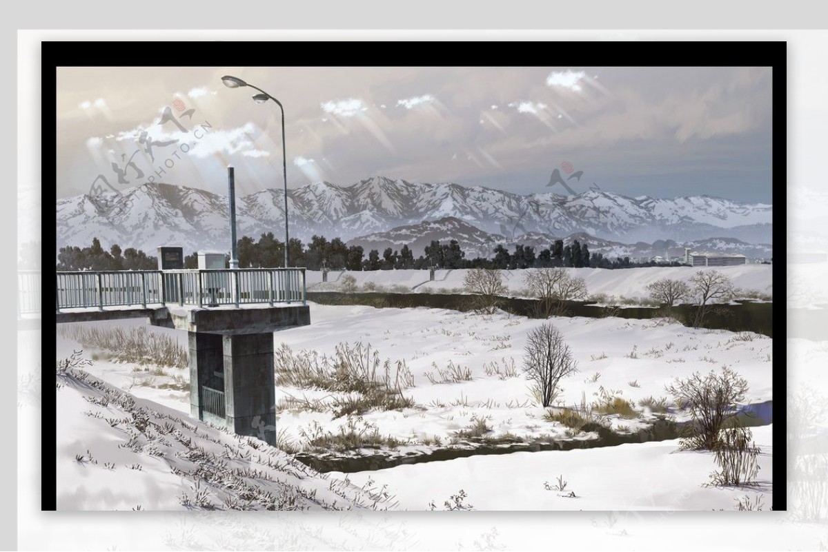 雪景色绘画完成PSD图片