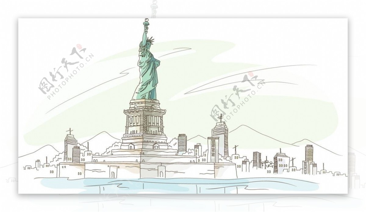 手绘自由女神的纽约城图片