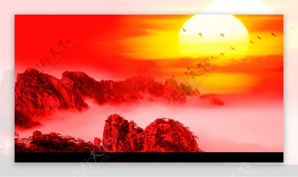红色背景太阳与高山图片