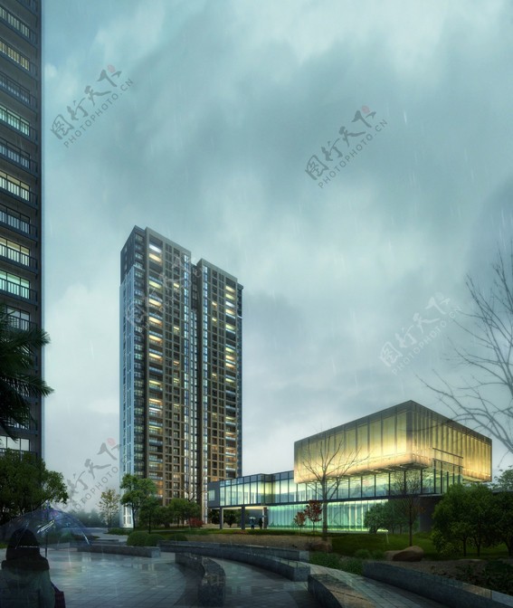 高清晰PSD现代建筑效果图雨图片