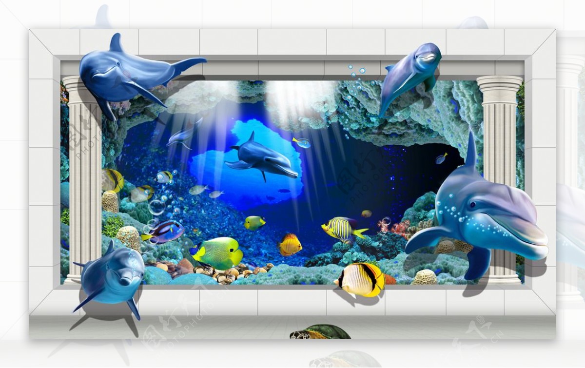 海底鲸鱼3D背景墙展示图片