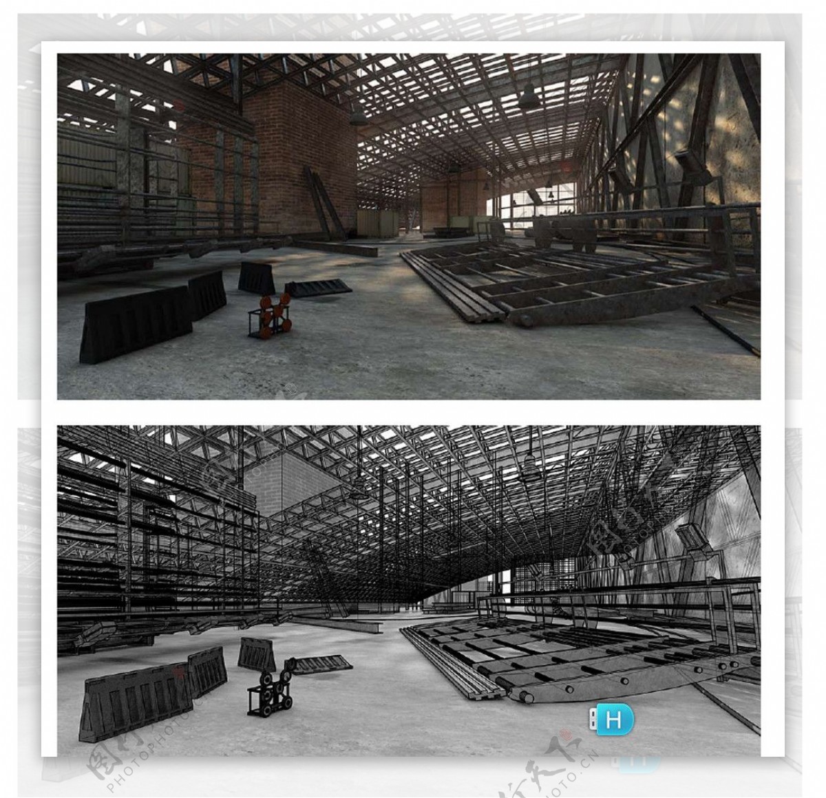 半室内外废弃工厂3D模型图片