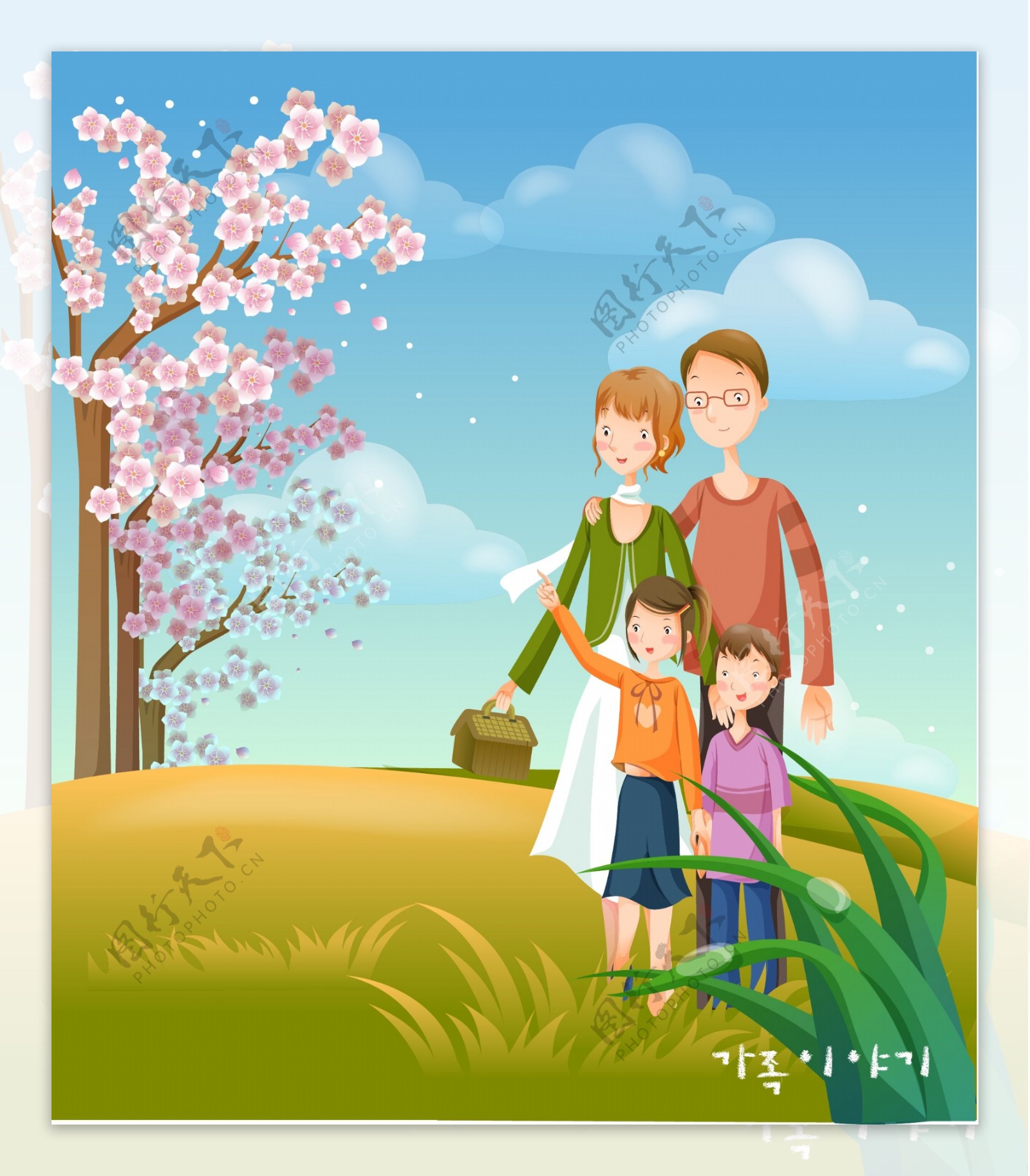 樱花盛开快乐幸福的一家人图片