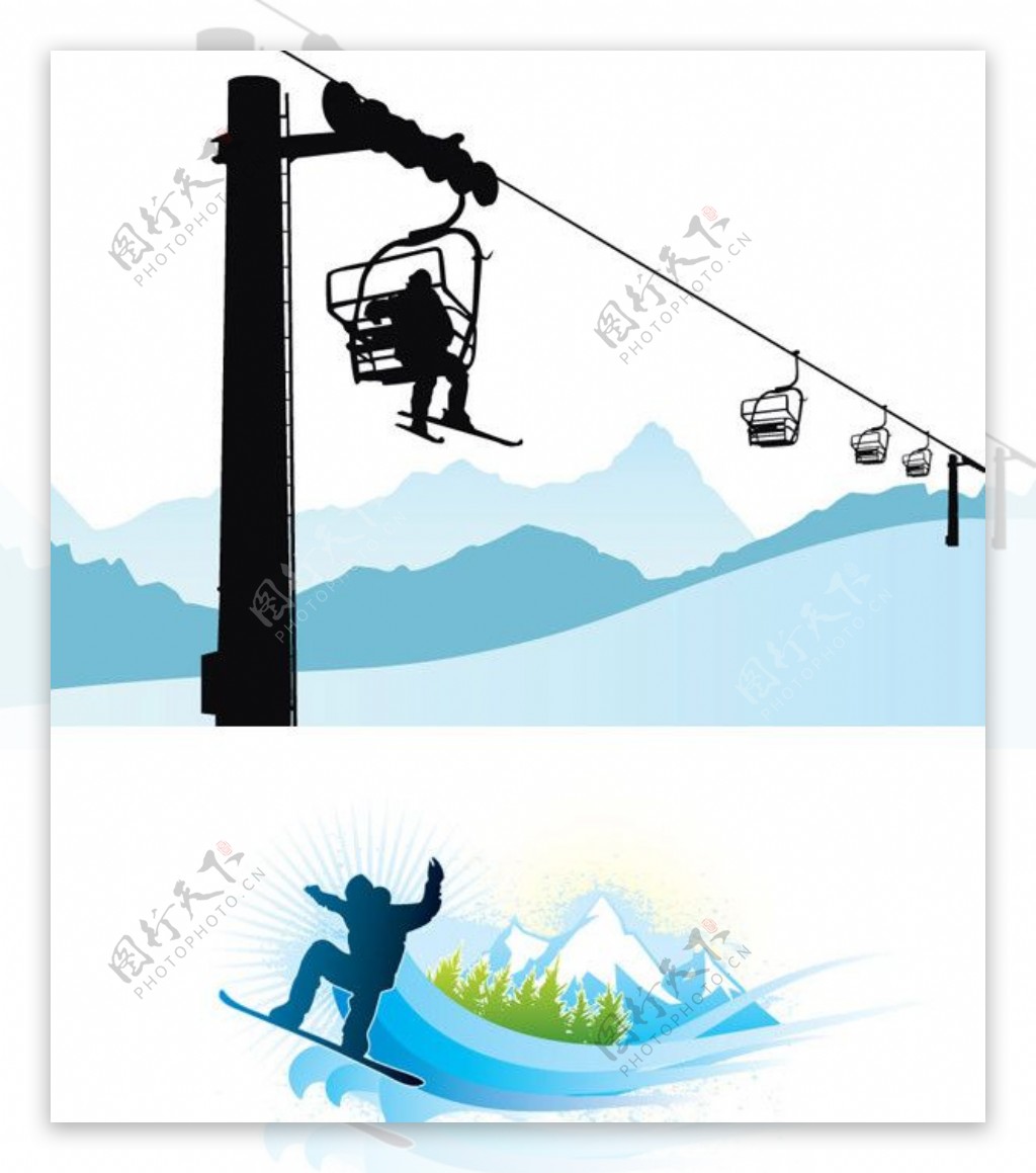 高山滑雪运动滑雪剪影图片