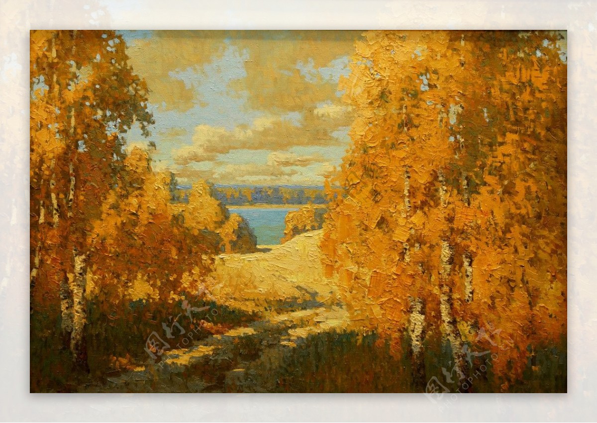 秋天的风景油画图片