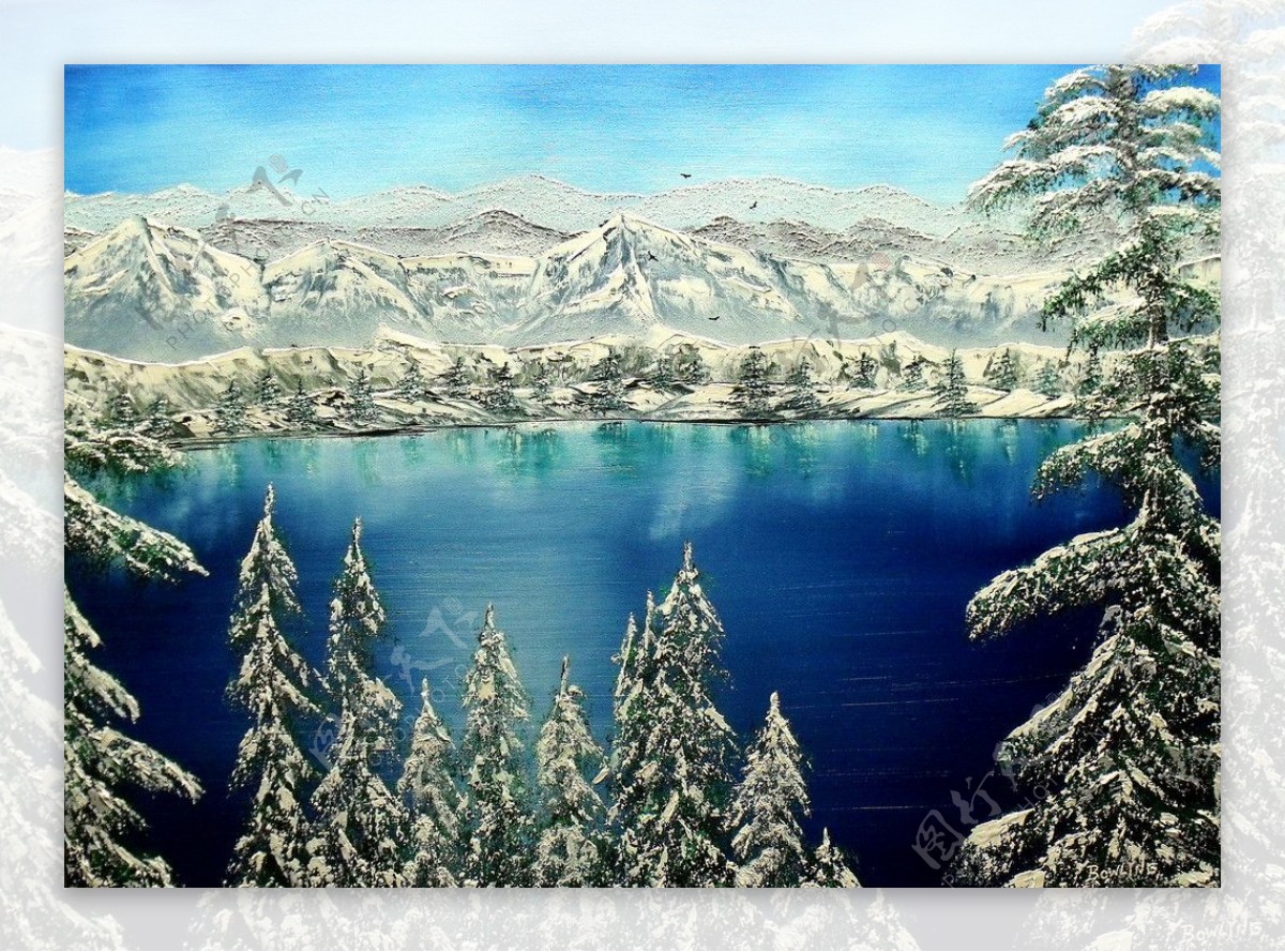 油画冬季湖泊图片