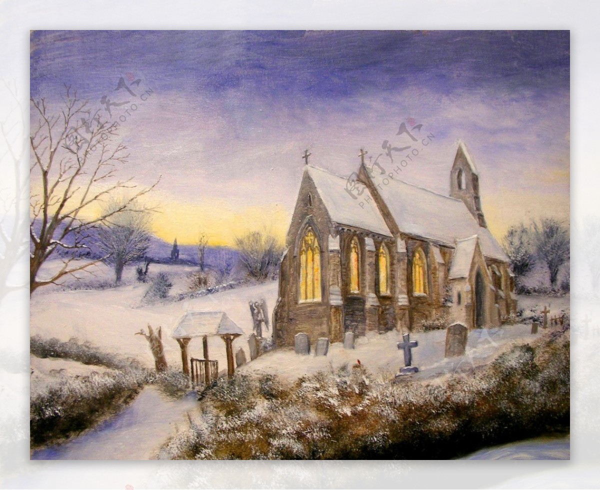 油画冬天的教堂图片