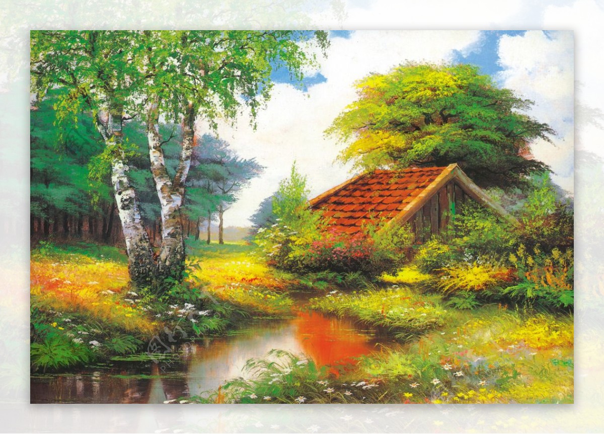 树木房屋油画图片